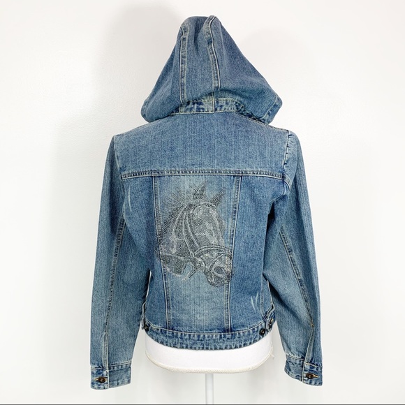 Camal Jackets & Blazers - Camal Hooded Denim Jacket With Rhinestone Horse